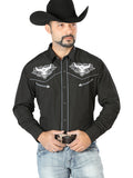 Camisa Vaquera de Hombre El Señor de los Cielos Manga Larga Bordada Casual en 65% Poliéster 35% Algodón Color Negro/Blanco 126676