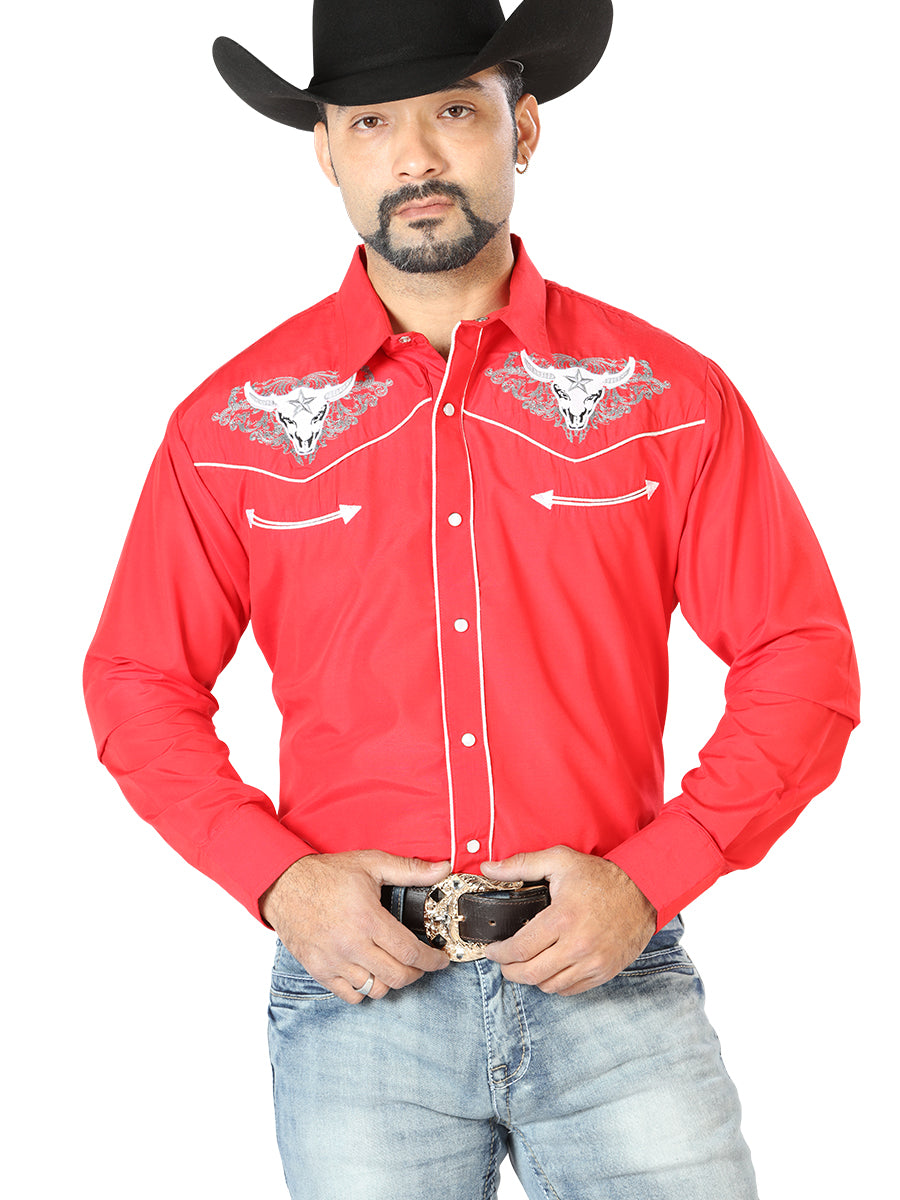 Camisa Vaquera de Hombre El Señor de los Cielos NO.4 Manga Larga Bordada en 65% Poliéster 35% Algodón Color Rojo 126678