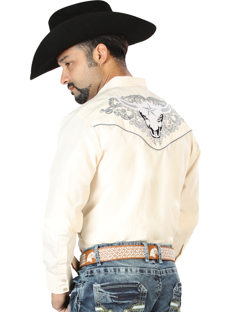 Camisa Vaquera de Hombre El Señor de los Cielos Manga Larga Bordada Casual en 65% Poliéster 35% Algodón Color Beige/Gris 126679