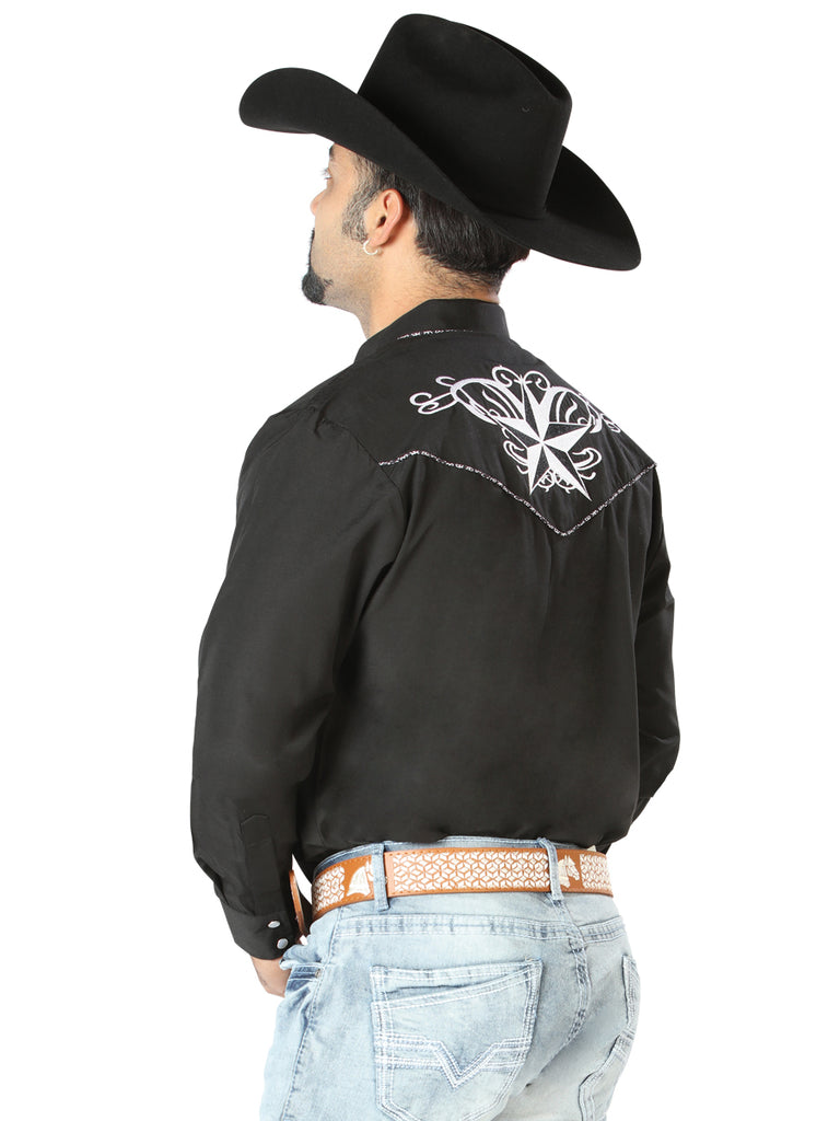 Camisa Vaquera de Hombre El Señor de los Cielos Manga Larga Bordada Casual en 65% Poliéster 35% Algodón Color Negro/Blanco 126682