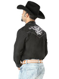 Camisa Vaquera de Hombre El Señor de los Cielos Manga Larga Bordada Casual en 65% Poliéster 35% Algodón Color Negro/Blanco 126682