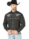 Camisa Vaquera de Hombre El Señor de los Cielos Manga Larga Bordada Casual en 65% Poliéster 35% Algodón Color Negro/Blanco 126682