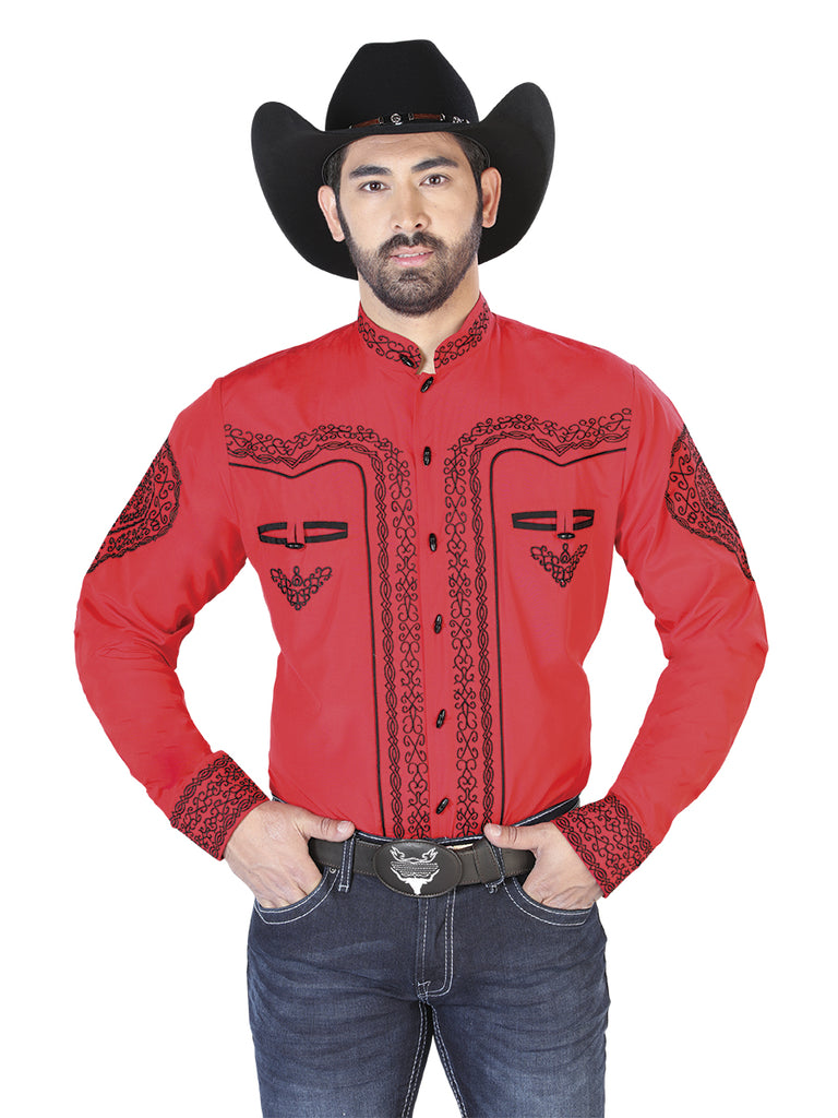 Camisa Vaquera de Hombre El Señor de los Cielos NO.9 Manga Larga Bordada en 65% Poliéster 35% Algodón Color Rojo 126689