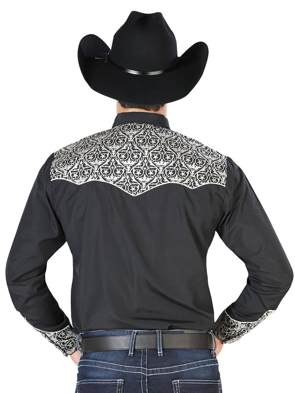 Camisa Vaquera de Hombre El Señor de los Cielos Manga Larga Bordada Casual en 65% Poliéster 35% Algodón Color Negro/Beige 126704