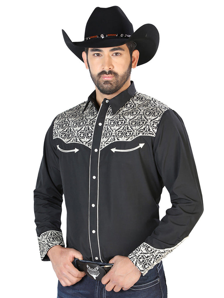Camisa Vaquera de Hombre El Señor de los Cielos Manga Larga Bordada Casual en 65% Poliéster 35% Algodón Color Negro/Beige 126704