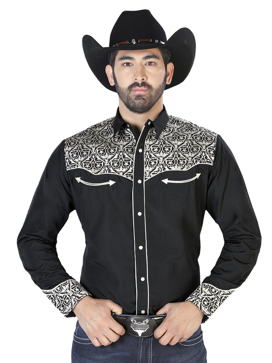 Camisa Vaquera de Hombre El Señor de los Cielos Manga Larga Bordada Casual en 65% Poliéster 35% Algodón Color Negro/Beige 126704