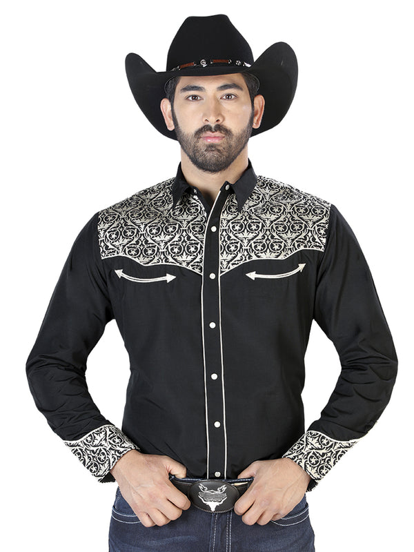 Camisa Vaquera de Hombre El Señor de los Cielos Manga Larga Bordada Casual en 65% Poliéster 35% Algodón Color Negro/Beige 126704