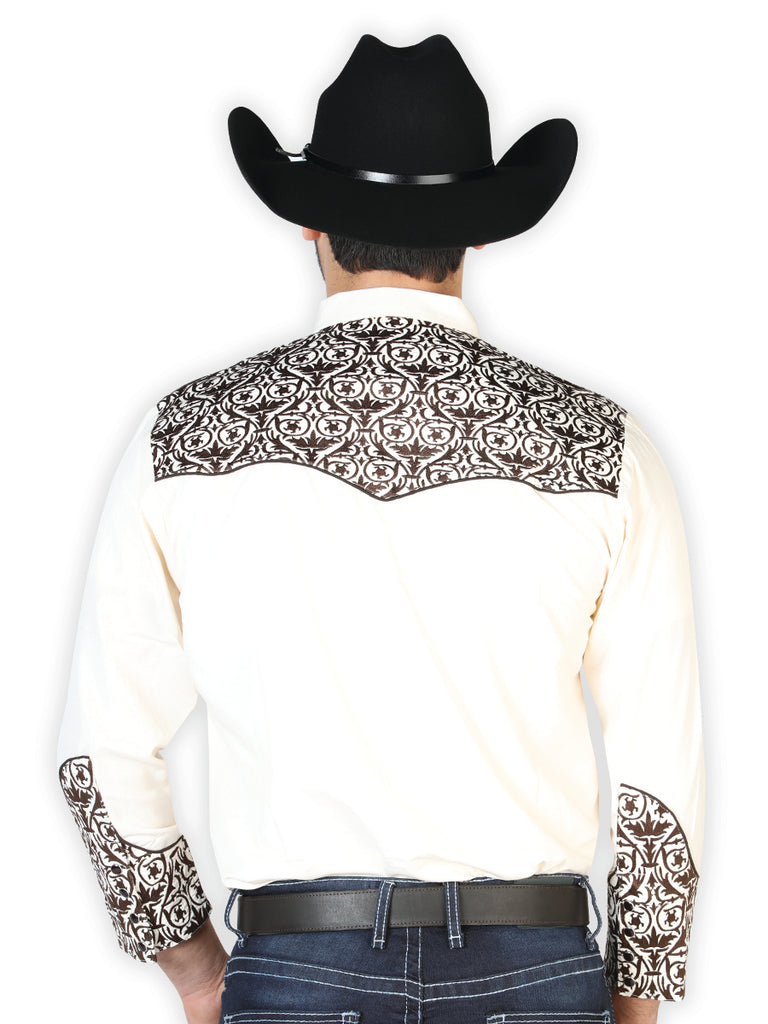 Camisa Vaquera de Hombre El Señor de los Cielos Manga Larga Bordada Casual en 65% Poliéster 35% Algodón Color Beige/Dorado 126706