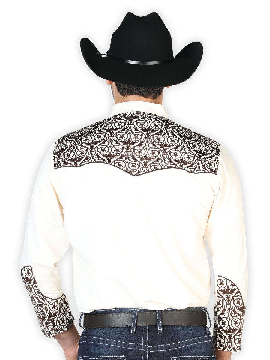 Camisa Vaquera de Hombre El Señor de los Cielos Manga Larga Bordada Casual en 65% Poliéster 35% Algodón Color Beige/Dorado 126706