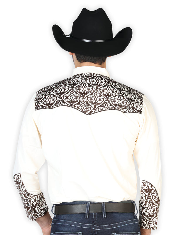 Camisa Vaquera de Hombre El Señor de los Cielos Manga Larga Bordada Casual en 65% Poliéster 35% Algodón Color Beige/Dorado 126706