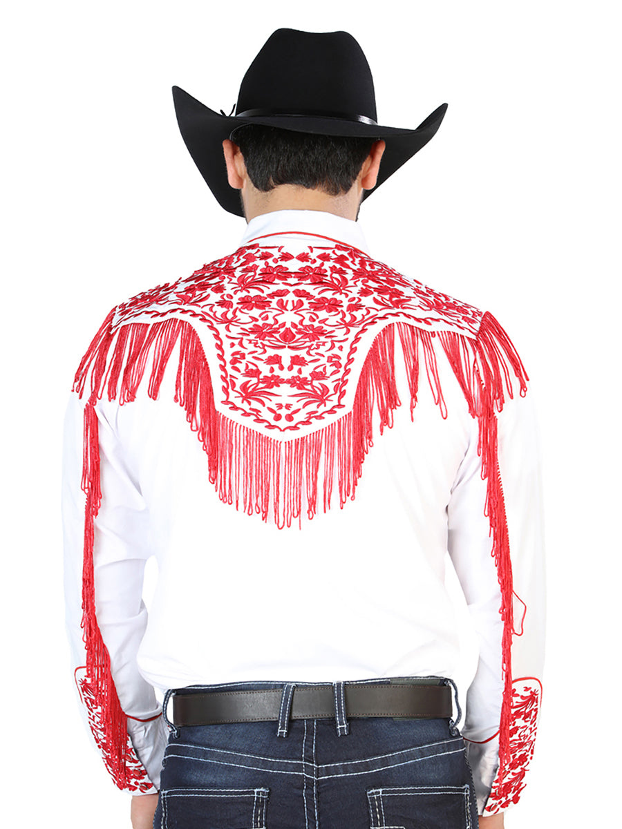 Camisa Vaquera de Hombre El Señor de los Cielos Manga Larga Bordada Casual en 65% Poliéster 35% Algodón Color Blanco/Rojo 126708