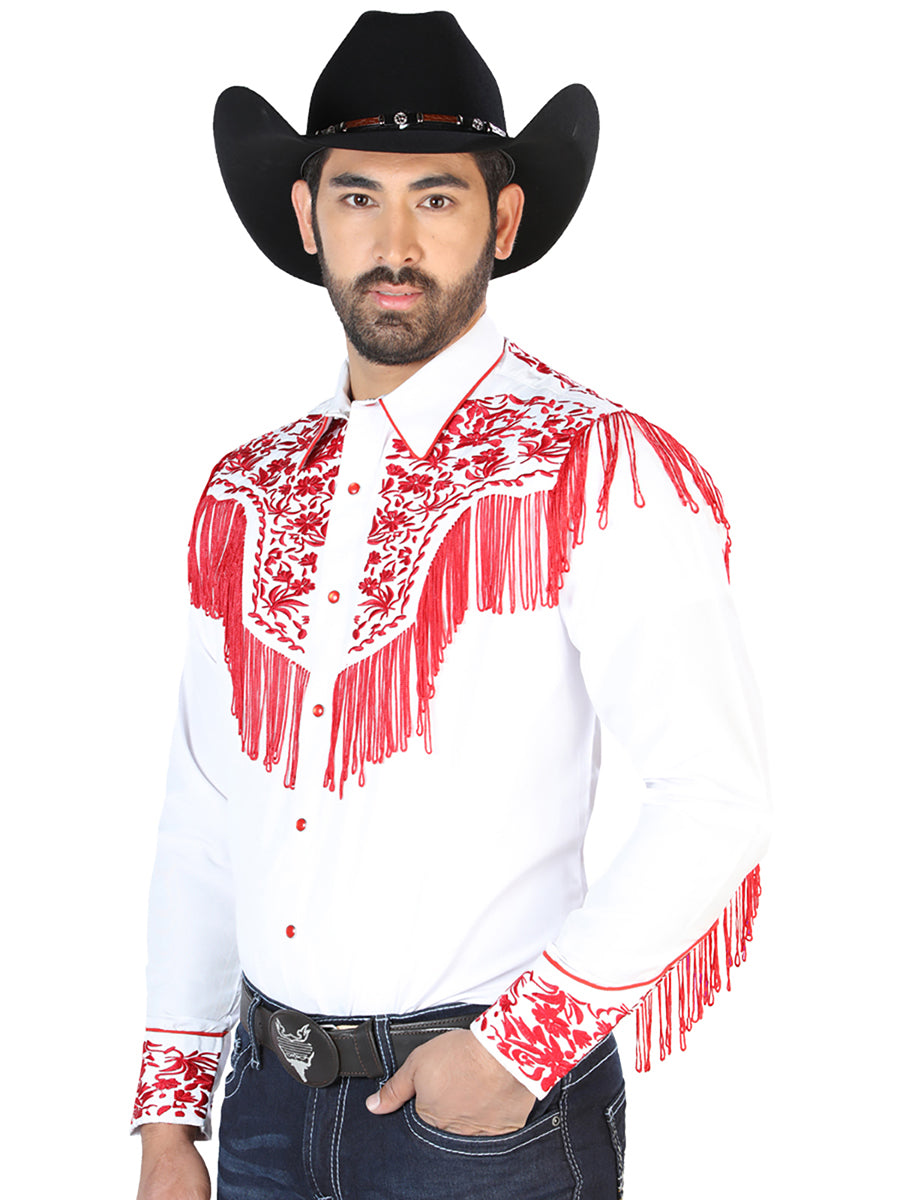 Camisa Vaquera de Hombre El Señor de los Cielos Manga Larga Bordada Casual en 65% Poliéster 35% Algodón Color Blanco/Rojo 126708