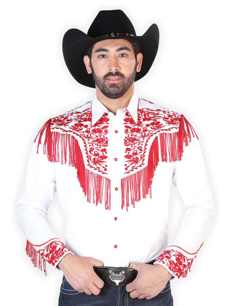 Camisa Vaquera de Hombre El Señor de los Cielos Manga Larga Bordada Casual en 65% Poliéster 35% Algodón Color Blanco/Rojo 126708