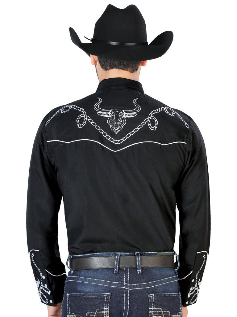 Camisa Vaquera de Hombre El Señor de los Cielos Manga Larga Bordada Casual en 65% Poliéster 35% Algodón Color Negro/Blanco 126711