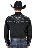Camisa Vaquera de Hombre El Señor de los Cielos Manga Larga Bordada Casual en 65% Poliéster 35% Algodón Color Negro/Blanco 126711