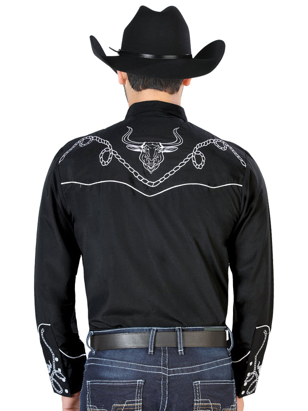 Camisa Vaquera de Hombre El Señor de los Cielos Manga Larga Bordada Casual en 65% Poliéster 35% Algodón Color Negro/Blanco 126711