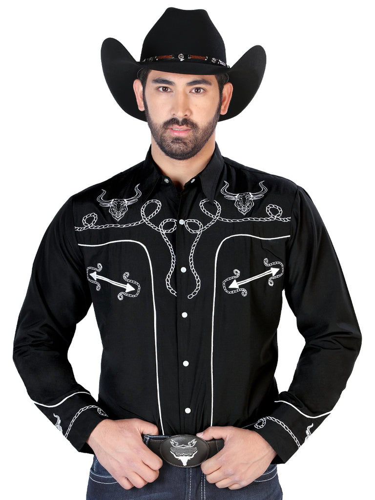 Camisa Vaquera de Hombre El Señor de los Cielos Manga Larga Bordada Casual en 65% Poliéster 35% Algodón Color Negro/Blanco 126711