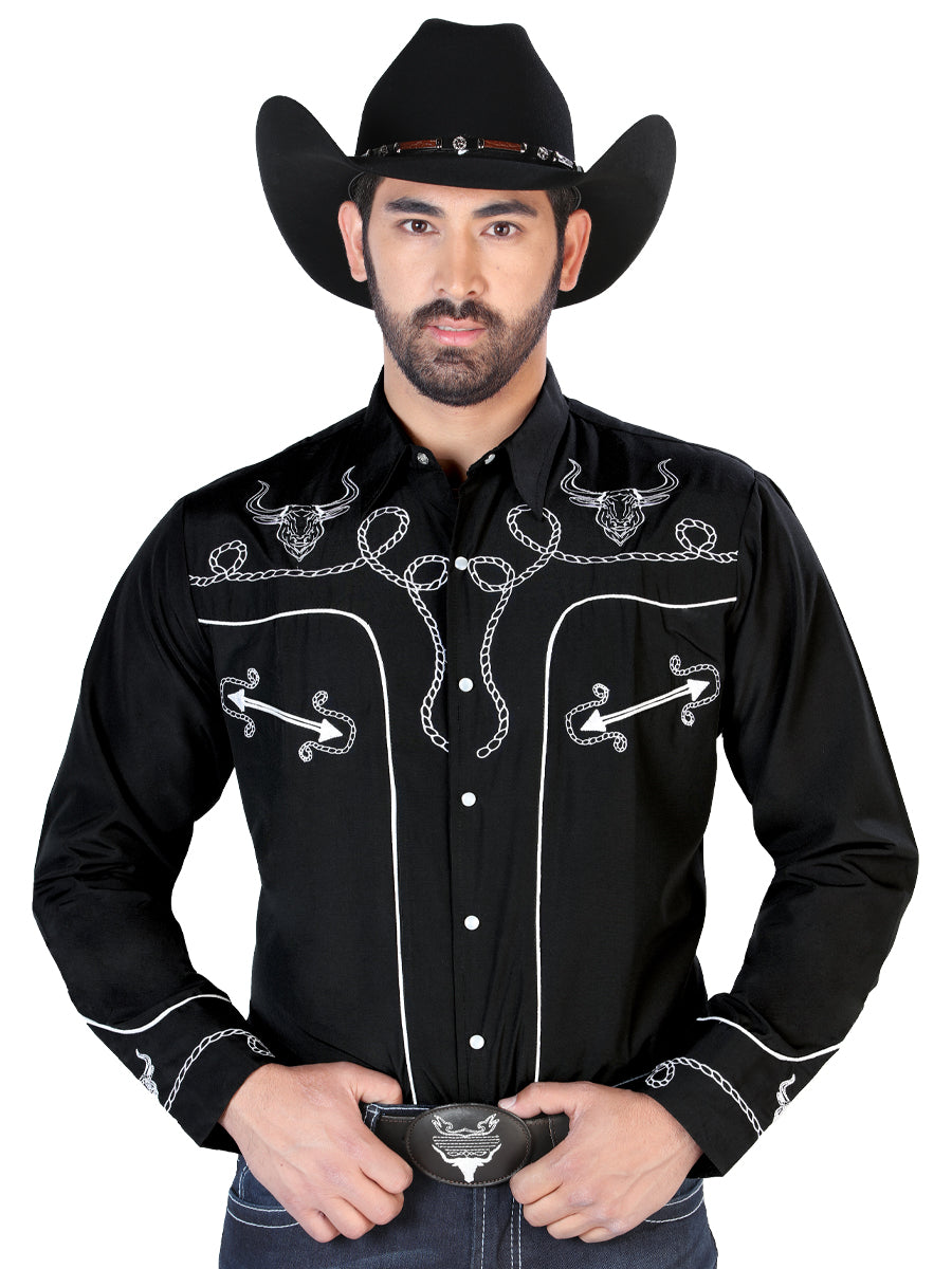 Camisa Vaquera de Hombre El Señor de los Cielos Manga Larga Bordada Casual en 65% Poliéster 35% Algodón Color Negro/Blanco 126711