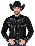 Camisa Vaquera de Hombre El Señor de los Cielos Manga Larga Bordada Casual en 65% Poliéster 35% Algodón Color Negro/Blanco 126711