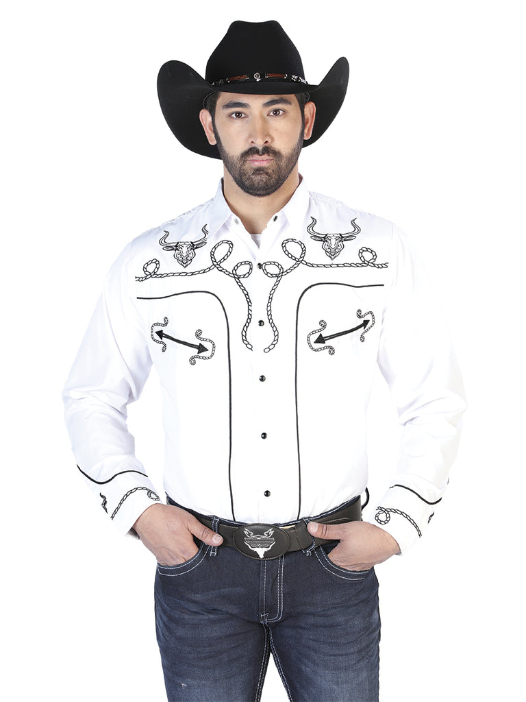 Camisa Vaquera de Hombre El Señor de los Cielos Manga Larga Bordada Casual en 65% Poliéster 35% Algodón Color Blanco/Negro 126712