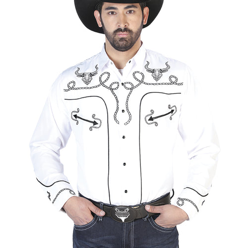 Camisa Vaquera de Hombre El Señor de los Cielos Manga Larga Bordada Casual en 65% Poliéster 35% Algodón Color Blanco/Negro 126712