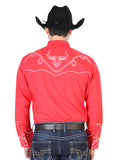 Camisa Vaquera de Hombre El Señor de los Cielos Manga Larga Bordada Casual en 65% Poliéster 35% Algodón Color Rojo/Blanco 126713