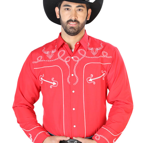 Camisa Vaquera de Hombre El Señor de los Cielos Manga Larga Bordada Casual en 65% Poliéster 35% Algodón Color Rojo/Blanco 126713