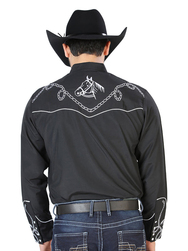 Camisa Vaquera de Hombre El Señor de los Cielos NO.17 Manga Larga Bordada en 65% Poliéster 35% Algodón Color Negro 126714
