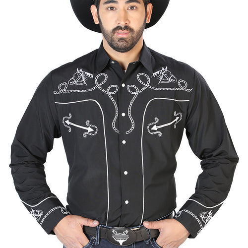 Camisa Vaquera de Hombre El Señor de los Cielos NO.17 Manga Larga Bordada en 65% Poliéster 35% Algodón Color Negro 126714