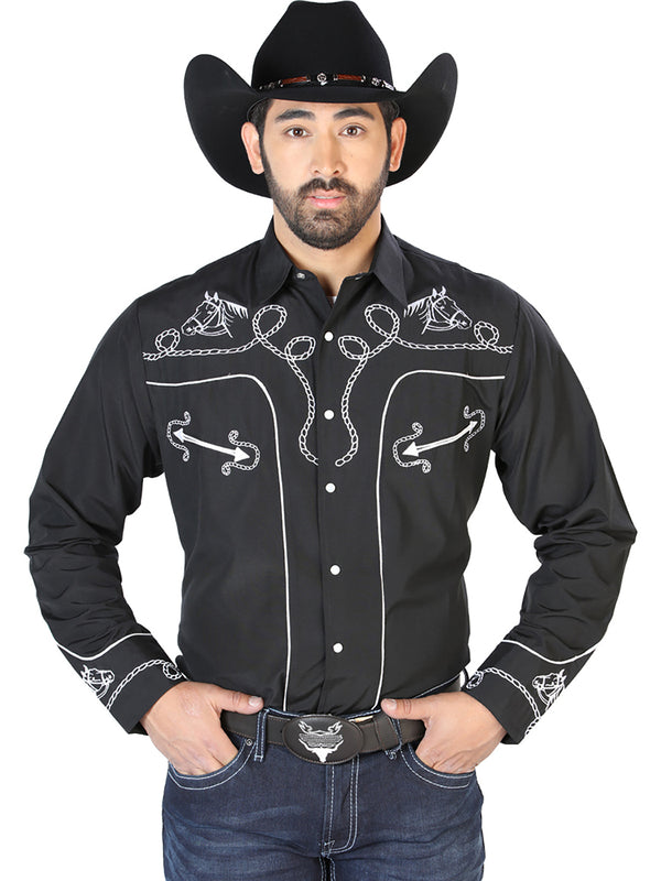 Camisa Vaquera de Hombre El Señor de los Cielos NO.17 Manga Larga Bordada en 65% Poliéster 35% Algodón Color Negro 126714