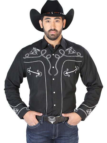 Camisa Vaquera de Hombre El Señor de los Cielos NO.17 Manga Larga Bordada en 65% Poliéster 35% Algodón Color Negro 126714