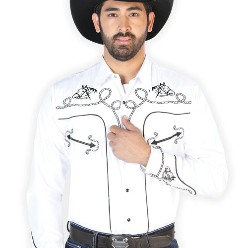 Camisa Vaquera de Hombre El Señor de los Cielos NO.17 Manga Larga Bordada en 65% Poliéster 35% Algodón Color Blanco 126715