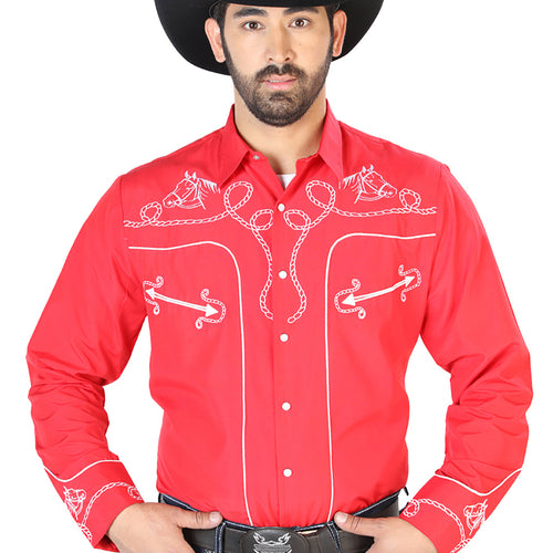 Camisa Vaquera de Hombre El Señor de los Cielos NO.17 Manga Larga Bordada en 65% Poliéster 35% Algodón Color Rojo 126716
