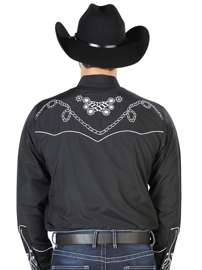 Camisa Vaquera de Hombre El Señor de los Cielos Manga Larga Bordada Casual en 65% Poliéster 35% Algodón Color Negro/Blanco 126717