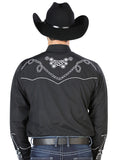 Camisa Vaquera de Hombre El Señor de los Cielos Manga Larga Bordada Casual en 65% Poliéster 35% Algodón Color Negro/Blanco 126717