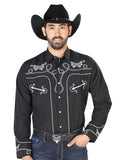 Camisa Vaquera de Hombre El Señor de los Cielos Manga Larga Bordada Casual en 65% Poliéster 35% Algodón Color Negro/Blanco 126717