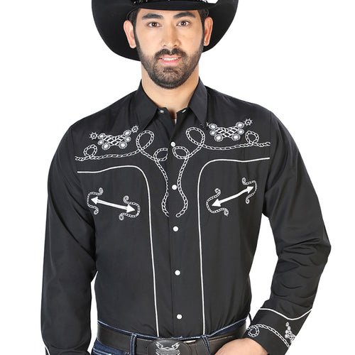 Camisa Vaquera de Hombre El Señor de los Cielos Manga Larga Bordada Casual en 65% Poliéster 35% Algodón Color Negro/Blanco 126717