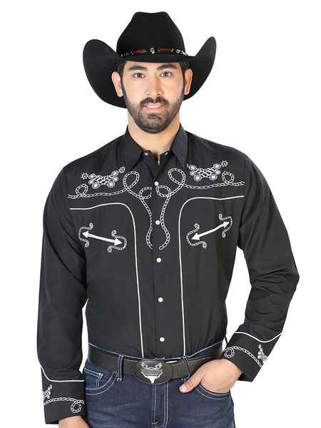 Camisa Vaquera de Hombre El Señor de los Cielos Manga Larga Bordada Casual en 65% Poliéster 35% Algodón Color Negro/Blanco 126717