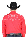 Camisa Vaquera de Hombre El Señor de los Cielos Manga Larga Bordada Casual en 65% Poliéster 35% Algodón Color Rojo/Blanco 126719