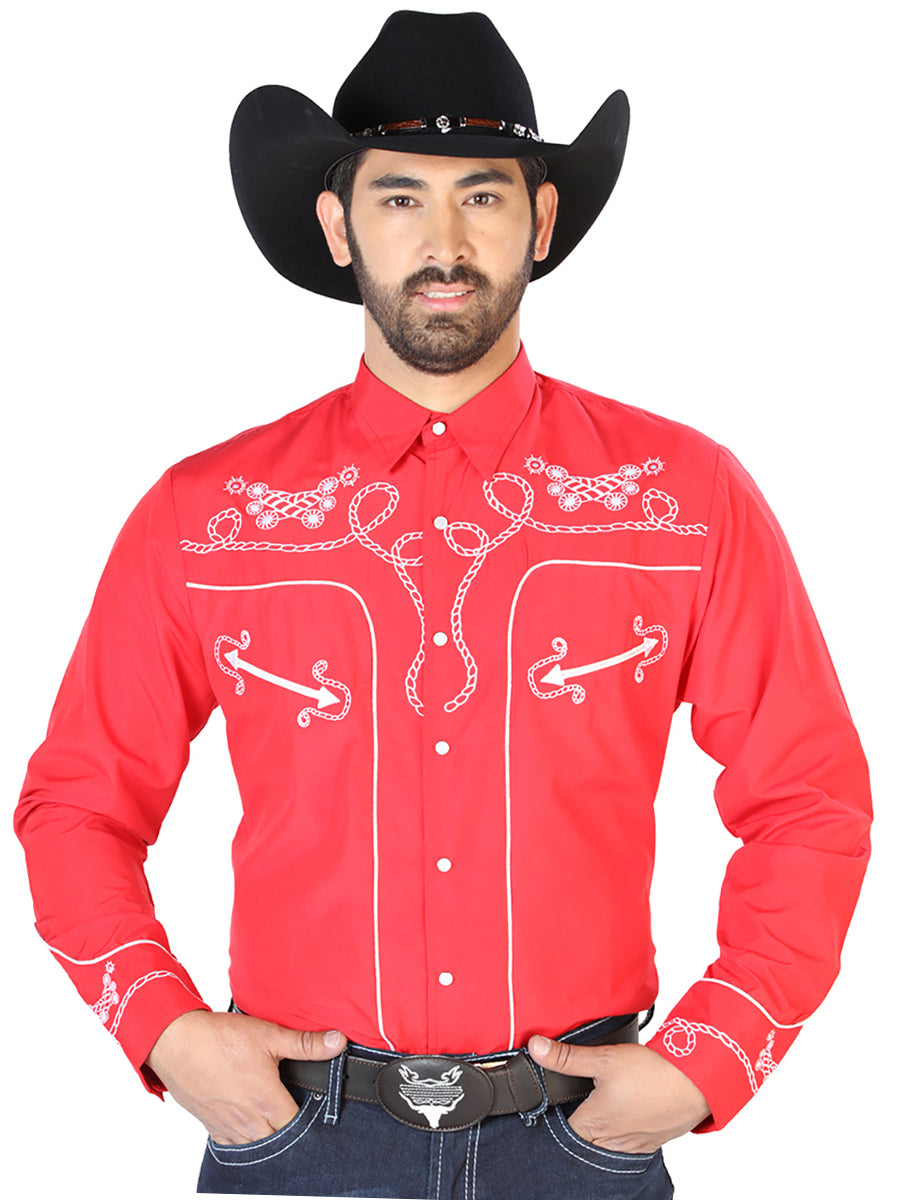 Camisa Vaquera de Hombre El Señor de los Cielos Manga Larga Bordada Casual en 65% Poliéster 35% Algodón Color Rojo/Blanco 126719