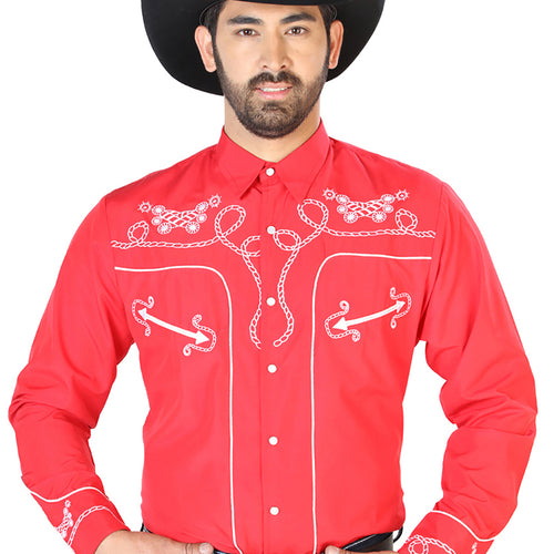 Camisa Vaquera de Hombre El Señor de los Cielos Manga Larga Bordada Casual en 65% Poliéster 35% Algodón Color Rojo/Blanco 126719