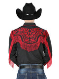 Camisa Vaquera de Hombre El Señor de los Cielos Manga Larga Bordada Casual en 65% Poliéster 35% Algodón Color Negro/Rojo 126726