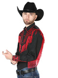 Camisa Vaquera de Hombre El Señor de los Cielos Manga Larga Bordada Casual en 65% Poliéster 35% Algodón Color Negro/Rojo 126726