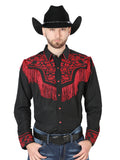 Camisa Vaquera de Hombre El Señor de los Cielos Manga Larga Bordada Casual en 65% Poliéster 35% Algodón Color Negro/Rojo 126726