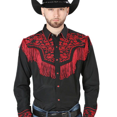 Camisa Vaquera de Hombre El Señor de los Cielos Manga Larga Bordada Casual en 65% Poliéster 35% Algodón Color Negro/Rojo 126726