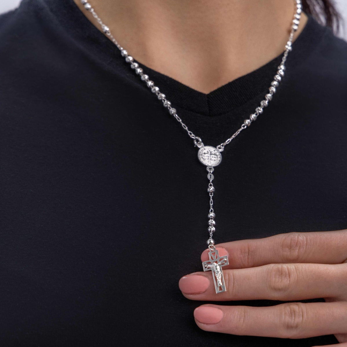 Rosario De Plata Ley 925 Con Bola Diamantada De 60 Cm