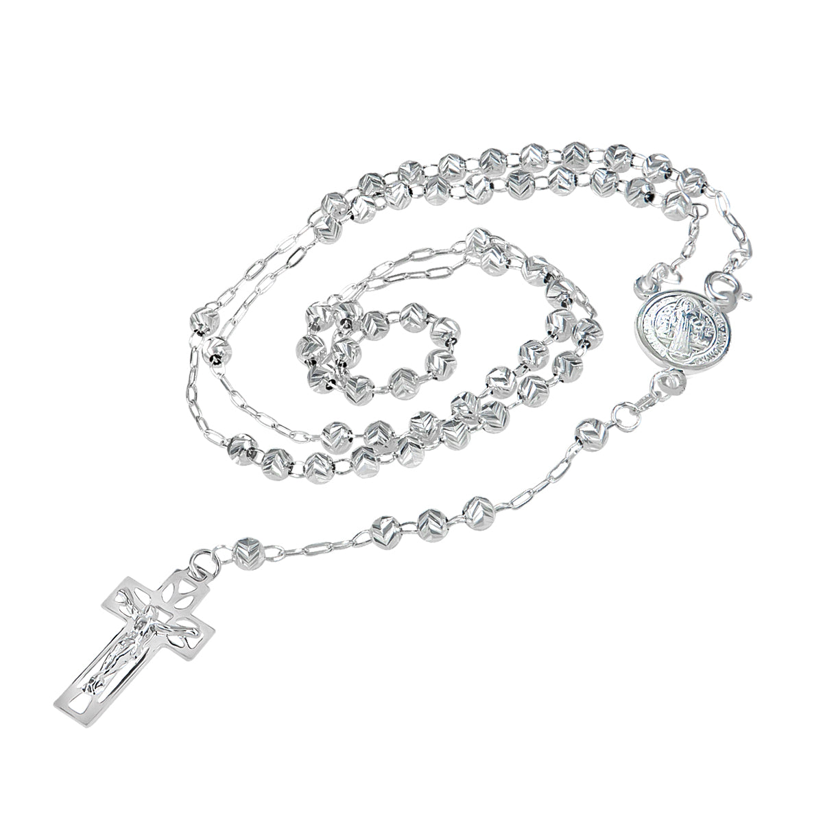 Rosario De Plata Ley 925 Con Bola Diamantada De 45 Cm