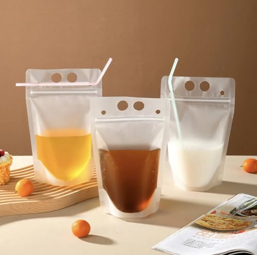 100 Bolsas para Bebidas Transparentes de Plástico,Bolsas de Mano Translúcidas para Bebidas Congeladas de Fiesta, para cualquier epoca del año