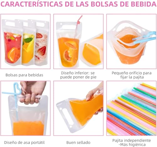 100 Bolsas para Bebidas Transparentes de Plástico,Bolsas de Mano Translúcidas para Bebidas Congeladas de Fiesta, para cualquier epoca del año