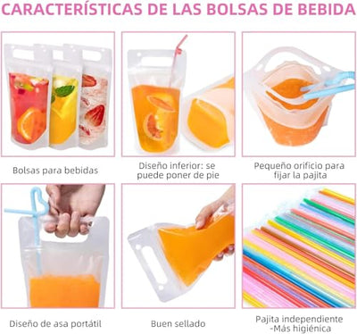 100 Bolsas para Bebidas Transparentes de Plástico,Bolsas de Mano Translúcidas para Bebidas Congeladas de Fiesta, para cualquier epoca del año